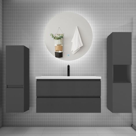Ensemble meuble anthracite et lavabo L.100cm 2 tiroirs + colonne2 haut + lavabo + miroir 60x60cm-suspendu (1/5)