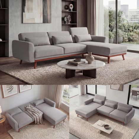 NEUWERTIG] Sofa HHG-481, Couch Ecksofa, L-Form 3-Sitzer Liegefläche Schlaffunktion Stoff/Textil 280cm grau