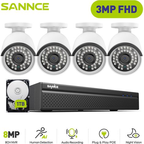 SANNCE PoE Kit di Videosorveglianza Cablato,8CH NVR with 3MP 4 IP Telecamera di Sicurezza Visione Notturna Sistema di Videosorveglianza,1TB HDD (1/5)
