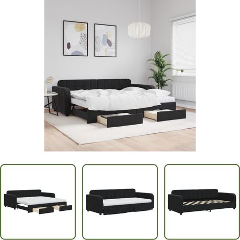 vidaXL Canapé transformable - Lit de jour avec gigogne et tiroirs noir 90x190 cm velours (1/5)