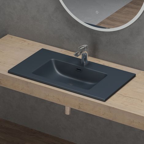 doporro Waschbecken Einbauwaschbecken mineralguss 80x48x14 cm anthrazit matt Einbauwaschtisch mit Überlauf Waschtisch Handwaschbecken Col02