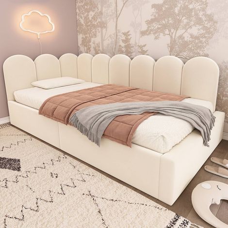 Lit simple 90 x 190 cm banquette de jour en velours beige avec coffre de rangement hydraulique et sommier à lattes métal (1/5)