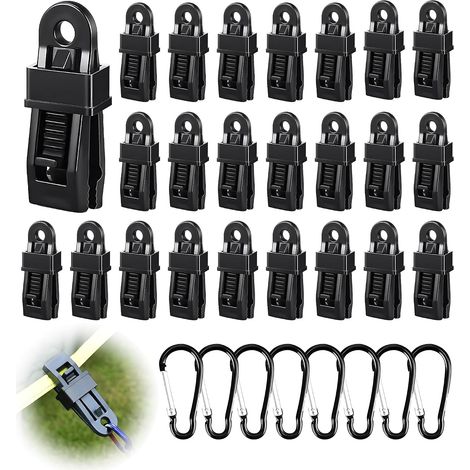 Set di 32 clip per copertura piscina, 24 clip per teloni e 8 moschettoni, elementi di fissaggio per teloni per campeggio, roulotte, picnic (1/5)