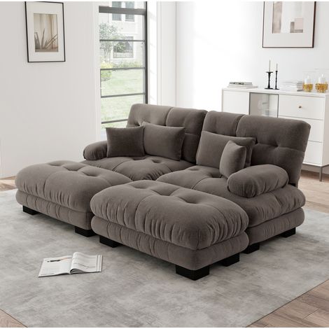 Canapé modulare in chenille marrone con 2 pouf mobili e cuscini, composizione ad angolo o lineare (1/5)