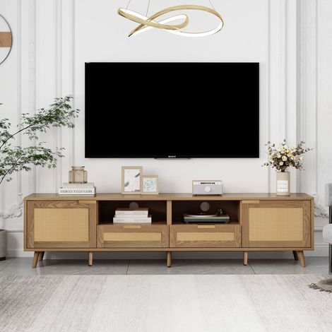 Meuble TV 200 cm effet chêne avec cannage aspect rotin, 2 portes, 2 tiroirs et pieds en bois massif, grand rangement (1/5)