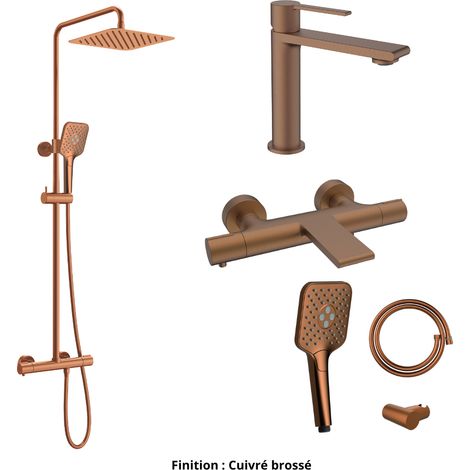 Ensemble Mitigeur lavabo + Colonne de douche + Mitigeur Bain + Support douchette flexible Couleur Cuivre brossé (1/5)