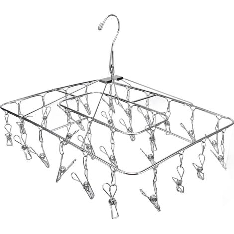 Porte-chaussettes ménager en acier inoxydable, carré, simple couche, 28 pinces, solide et renforcé, séchoir à linge (modèle : 28 pinces). (1/5)