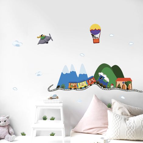 Sticker Autocollant Décoratif 68 cm X 24 cm - Illustration Mandchouri avec Petit Train, Avion, Mongolfière et Animaux de la Ferme. (1/2)