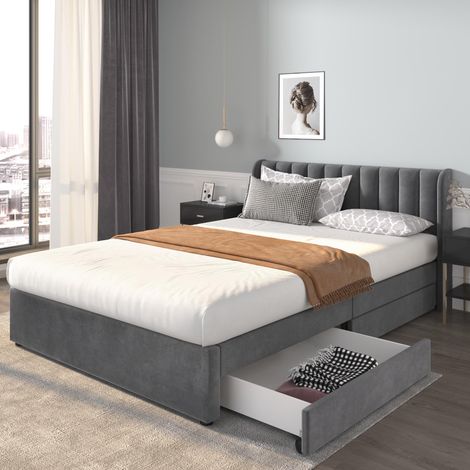 Lit capitonné en velours 160 x 200 cm avec sommier à lattes, tête de lit et 2 tiroirs, gris, espace de rangement caché (1/5)