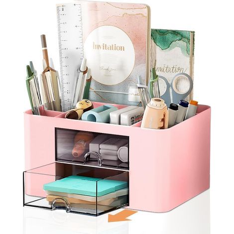 Boîte de rangement de bureau multifonctionnelle avec 7 compartiments et tiroirs, rose (1/4)