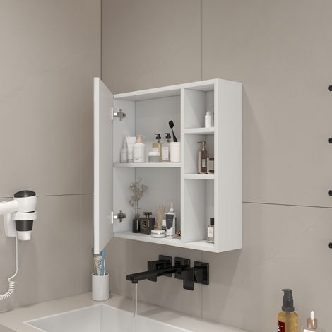 Mueble de baño con espejo mural moderno, MDF blanco y vidrio de seguridad, almacenaje compartimentado, 55 x 56 cm (1/5)
