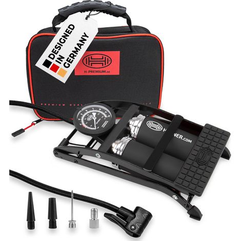 HEYNER® Fußpumpe Doppelzylinder Fahrradpumpe Luftpumpe Autoventil 10 Bar mit Tasche, Black Edition