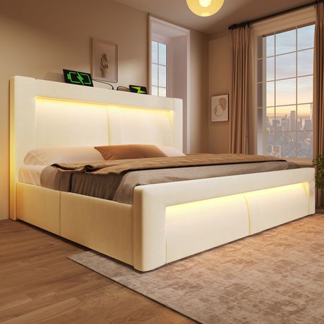 Lit Coffre Double 180 x 200 cm avec Rangement Intégré, Éclairage LED, Tête de Lit Incurvée et Sommier à Lattes - Velours - Beige (1/5)
