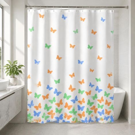 200 cm Drop Rideau de Douche en Polyester Lesté Imperméable, 180-300cm Extra Large Rideau de Douche Anti-Moisissure, Papillon Rideaux de Bain Lavable, Blanc (180x200cm) (1/5)