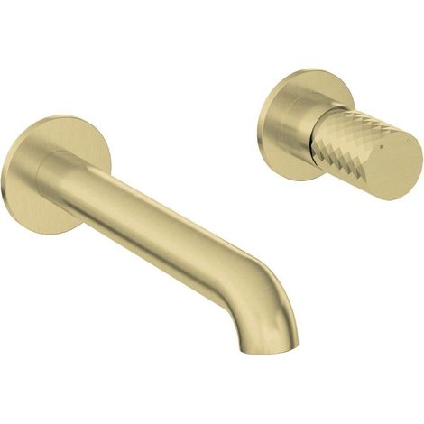 Miscelatore lavabo a parete in ottone con bocca 22 cm finitura oro spazzolato - Hexo