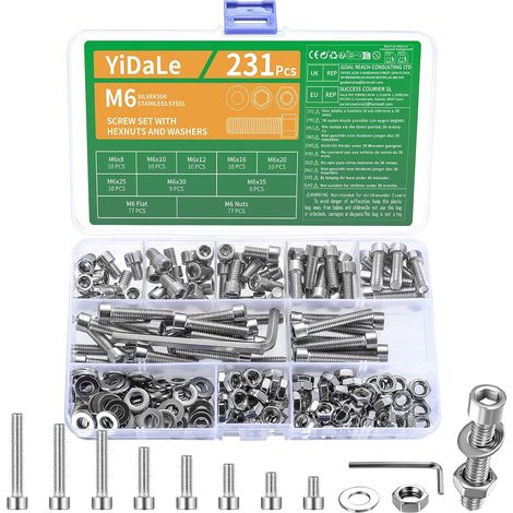 231 Pcs Vis M6, Vis à Tête Bombée à Six Pans Creux avec écrous Rondelles, Boulons a Tête Cylindrique Hexagonale avec Écrous, Boutons a Six Pans Creux Creuse en Acier Inoxydable(231Pcs-M6) (1/5)