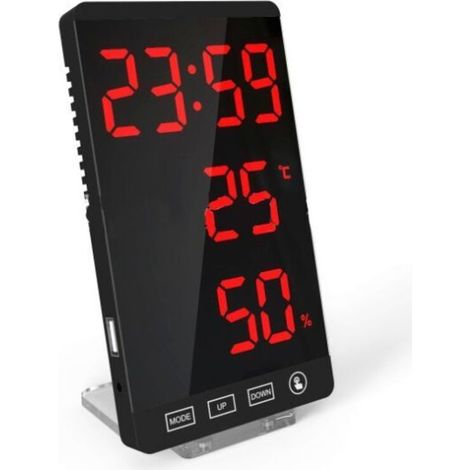 LED Mirror Clock, Thermometer and Hygrometer, Electronic Weather Clock, Alarm Clock, Bold Red Lettering (1/5)