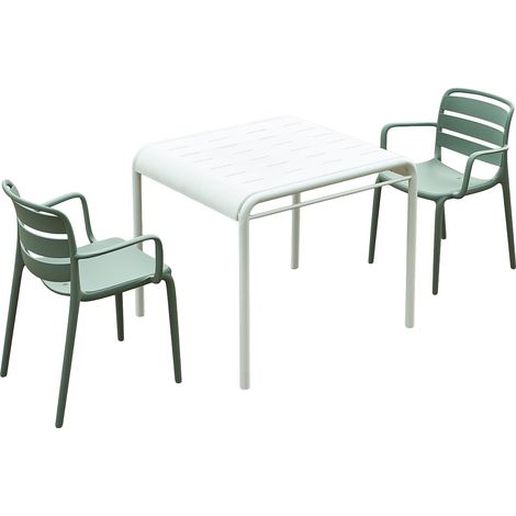 Sala da pranzo da giardino in polipropilene: un tavolo L.90 cm e 2 poltrone impilabili Kaki - MOAH di MYLIA