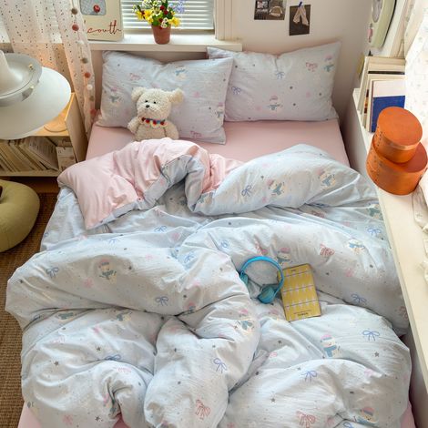 Parure de Lit 4 Pièces en Coton Lavé Ultra Doux - Qualité Maternité Classe A - Housse de Couette, Drap-Housse et Drap Plat 180x220 cm - Motif Bonhomme de Neige - Idéal pour Étudiants et Chambre-lsw