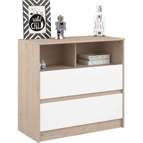 Commode enfant en chêne Jackson et blanc mat. Table à langer style nordique.