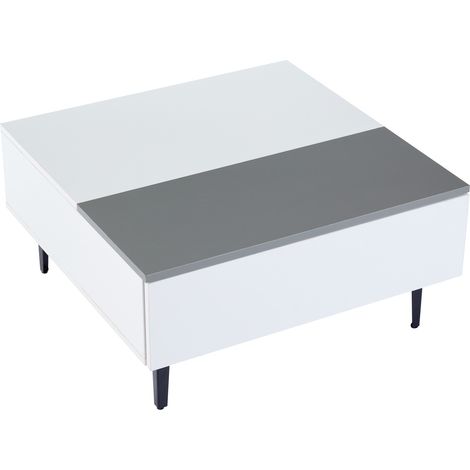Mesa de centro elevable 70 x 70 x 35 cm con almacenaje oculto, cajón y LED, MDF blanco y gris HOMVRA (1/5)