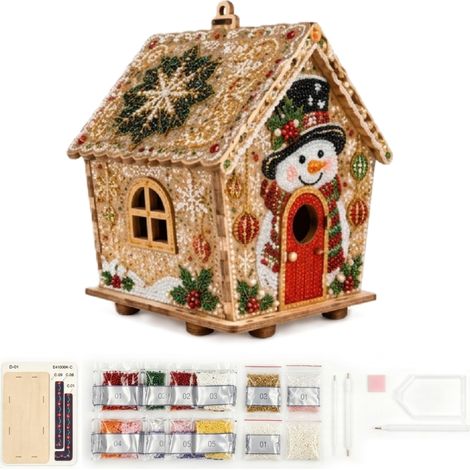 Kit de décoration de maison en pain d'épice en bois 3D à monter soi-même Irovami avec fausses perles – Modèle Ssnowman (1/5)