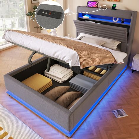 Lit simple capitonné 90x200cm lin gris, coffre rangement hydraulique, éclairage LED, USB Type-C, commande bouton/appli (sans matelas) (1/5)