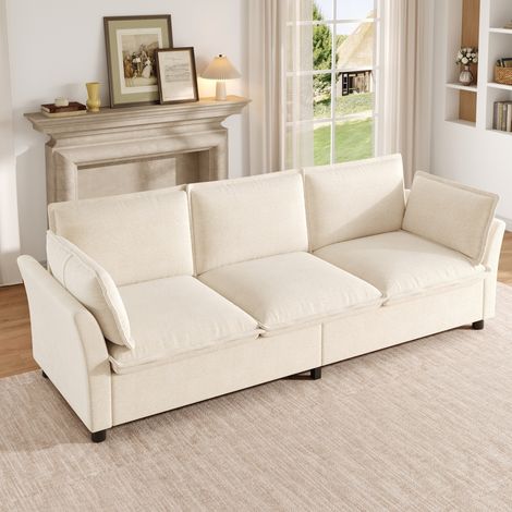 Canapé 3 places 220x81x87 cm, assise confortable avec ressorts ensachés, structure stable, chenille - beige (1/5)