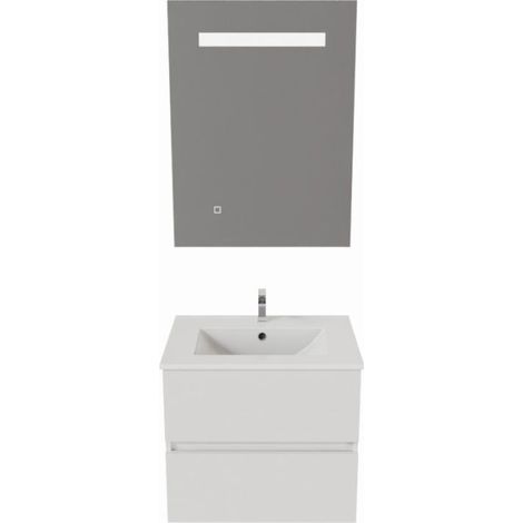 Meuble salle de bain 60 cm ROSALY avec plan vasque et miroir Elégance ht80- - Plan vasque en Céramique (1/5)