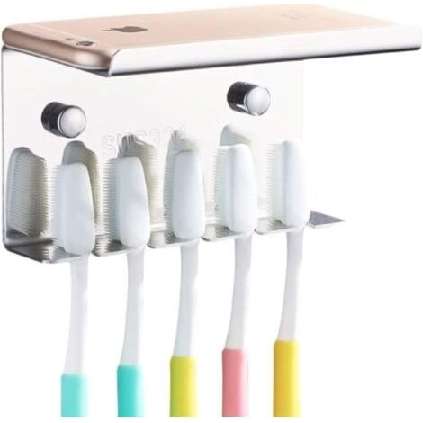 Porte-brosses à dents mural avec étagère, en acier inoxydable (argenté). (1/5)