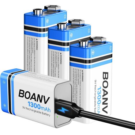 4PCS Piles 9V Rechargeables 1300mAh, 9V Rechargeable USB Lithium à Longue Duréé Batterie, avec câble de Charge 2 en 1, pour détecteurs de fumée, alarmes, Clavier, Microphone (1/5)