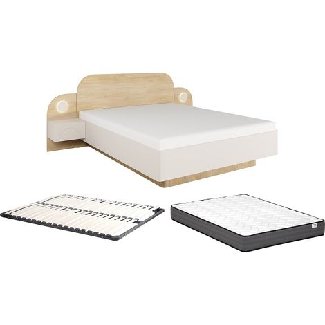 Letto 160 x 200 cm - Con comodini e LED - Colore: Beige e Naturale + Rete + Materasso - DARTAGNO