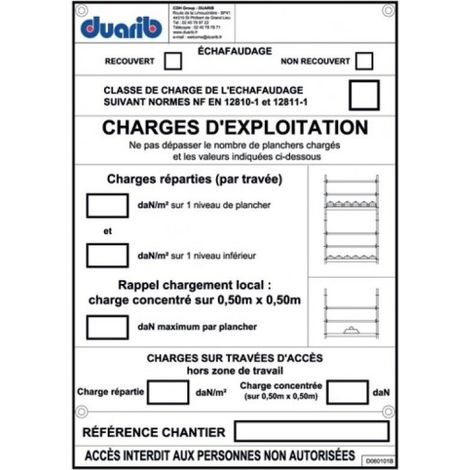 DUARIB - Panneau d'information sur la capacité de l'échafaudage - pour échafaudages F3000, F3000 ALU et MULTI 4X