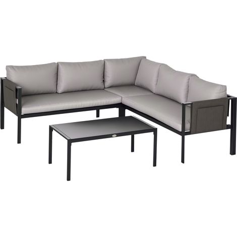 Outsunny 5 Seater Garden Corner Sofa Set, 4 Pieces Metal Garden Furniture Set with Loveseats, Glass Top Coffee Table, Breathable Mesh Pocket, Outdoor Conversation Furniture with Cushions, Light Grey