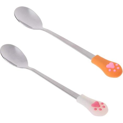 4 pcs cuillère en acier inoxydable pour chat pour animaux de compagnie, poignées en silicone Ustensiles en conserve de lait en poudre de lait en poudre (orange + blanc) (1/5)