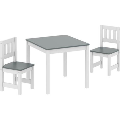 Mesa infantil con 2 sillas, conjunto de 3 piezas, MDF y pino, gris, 56 x 52 x 48 cm (1/5)