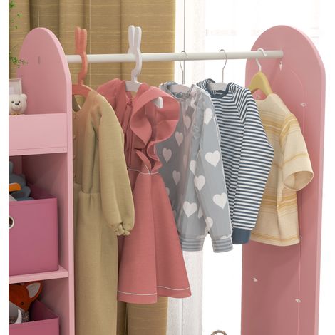 Porte-manteau enfant en bois rose avec miroir, étagères et tiroirs de rangement, meuble pour chambre de bébé fille