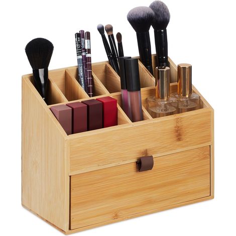 Relaxdays Organizador Cosméticos, Caja Almacenamiento Maquillaje con Cajón, Bambú, 19 x 25,5 x 12,5 cm, Natural