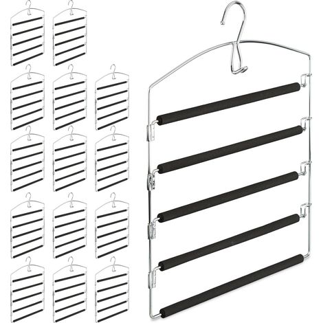 Set of 15 Relaxdays Space Saving Clothes Hangers, Multiple Trouser Rails, Metal, HWD: 44.5 x 37 x 2.7 cm, Silver/Black