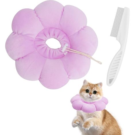 Collerette Chat Souple Anti Léchage, Collerette pour Chats avec Peigne Anti-Puces, Collerette Chat Réglable pour Chats et Petits Chiens, Collier de Récupération Après Opération (Violet, M) (1/4)