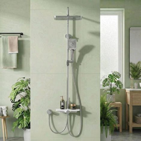 Ensemble douche sans robinet pommeau pluie 30×20,5 cm, douchette 3+1 rail hauteur réglable étagère système de douche moderne confortable pour salle de bain maison (1/5)