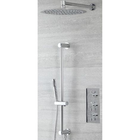 Milano Mirage 2 Outlet Triple Thermostatic Mixer Shower Valve with 300mm Wall Mounted Round Rainfall Shower Head and Hand Shower Handset Slide Rail Bar Kit - Chrome (1/4)