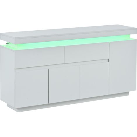 Weiße Kommode 140 x 35 x 72,5 cm mit 2 Schubladen, 4 Türen, LED, Hochglanz, Spanplatte (1/5)