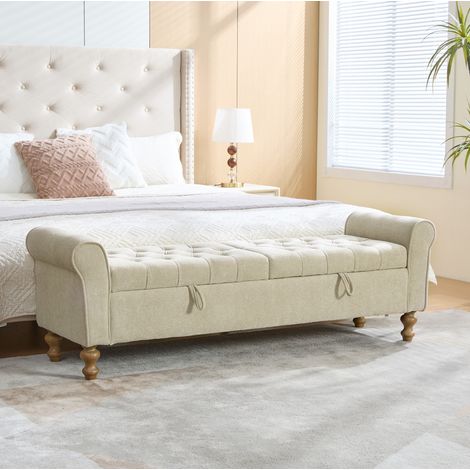 Banco arcón moderno de terciopelo Greige con 2 tapas y patas de madera 156 x 46 x 51 cm (1/5)