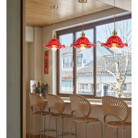 3pcs Moderne Lustre Suspension en Verre Rouge,E27 Lampe de Plafond Vintage Abat-jour Design Fleurs Rouge Plafonnier Retro,25cm (1/5)