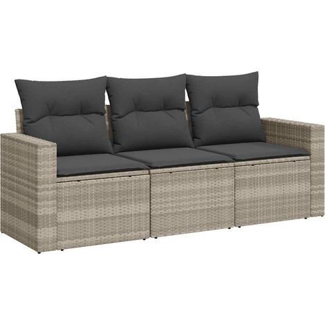 Salon de jardin canapé extérieur modulable résine tressée avec coussins gris clair 3 pièces (1/5)
