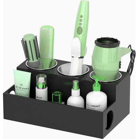 Organisateur d'outils pour cheveux, support de sèche-cheveux et de coiffure en acrylique noir, support de sèche-cheveux de comptoir de salle de bain (1/4)