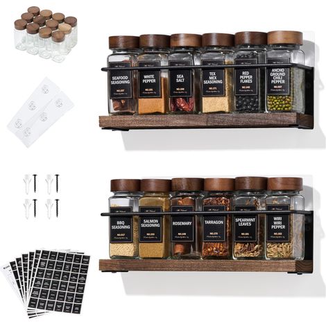 Étagère à épices murale à 2 niveaux avec 12 bocaux en verre, 216 étiquettes et entonnoir – Support à vis/adhésif, rangement à épices en métal noir et bois pour placard de cuisine, garde-manger (1/5)