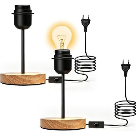 Lot de 2 Pieds de Lampe E27 avec Interrupteur, Douille E27 avec Câble 1,8 m et Bague de Serrage, Base de Lampe Bois et Métal Noir, Lampe de Table sans Abat-Jour pour Chambre, Salon, Bureau (1/5)