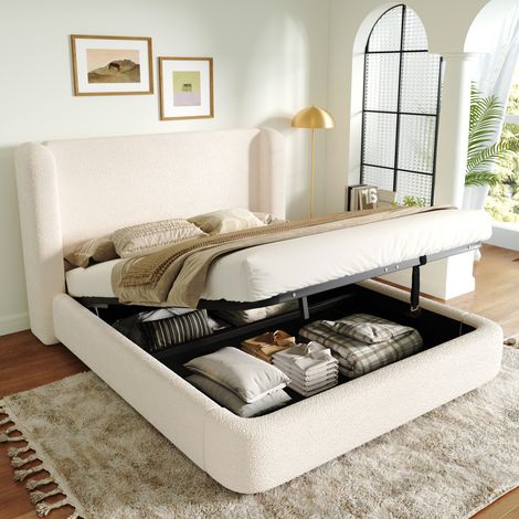 Lit coffre 160x200 cm en tissu beige, avec rangement pour chambre, sans matelas FloraGrace (1/5)